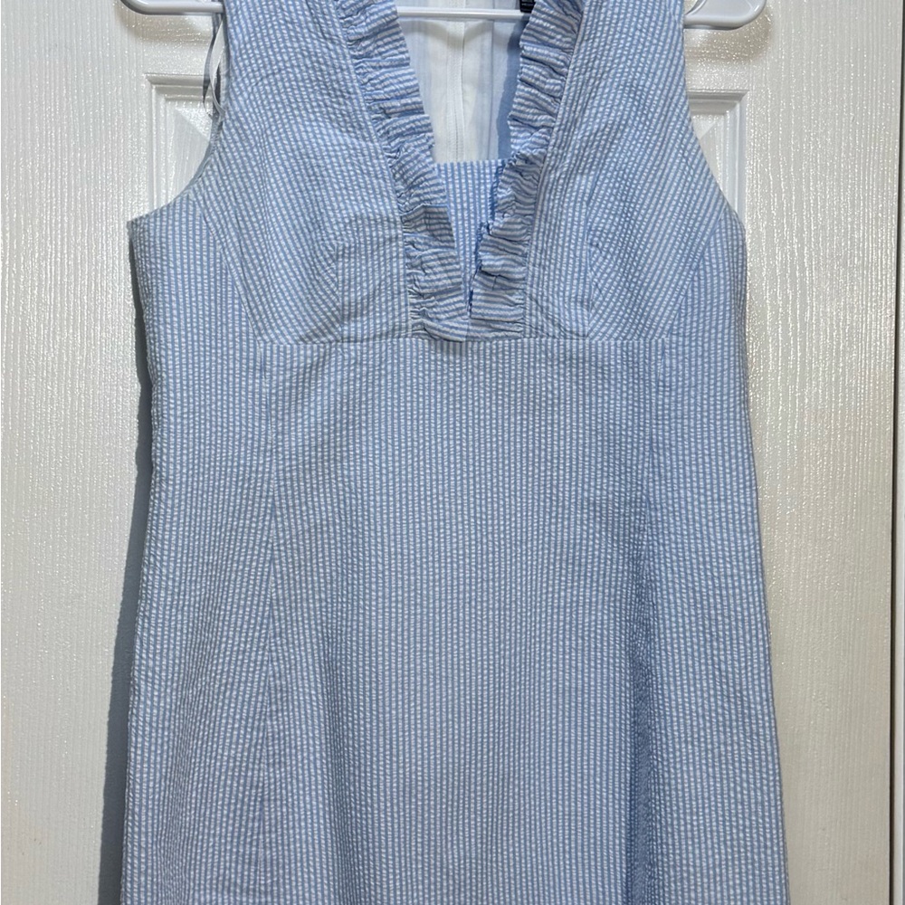 Jessica Howard Light Blue Striped Dress with Ruffle Neckline